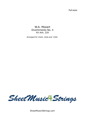 Book cover for Mozart, W.A. - Divertimento No. 4, KV. 229 for Violin, Viola and Cello - Score Only