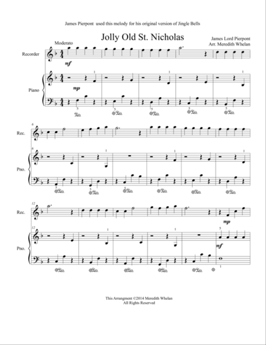 Christmas Duets for Recorder & Piano: Jolly Old St. Nicholas Woodwind Duet scores gallery preview page 1