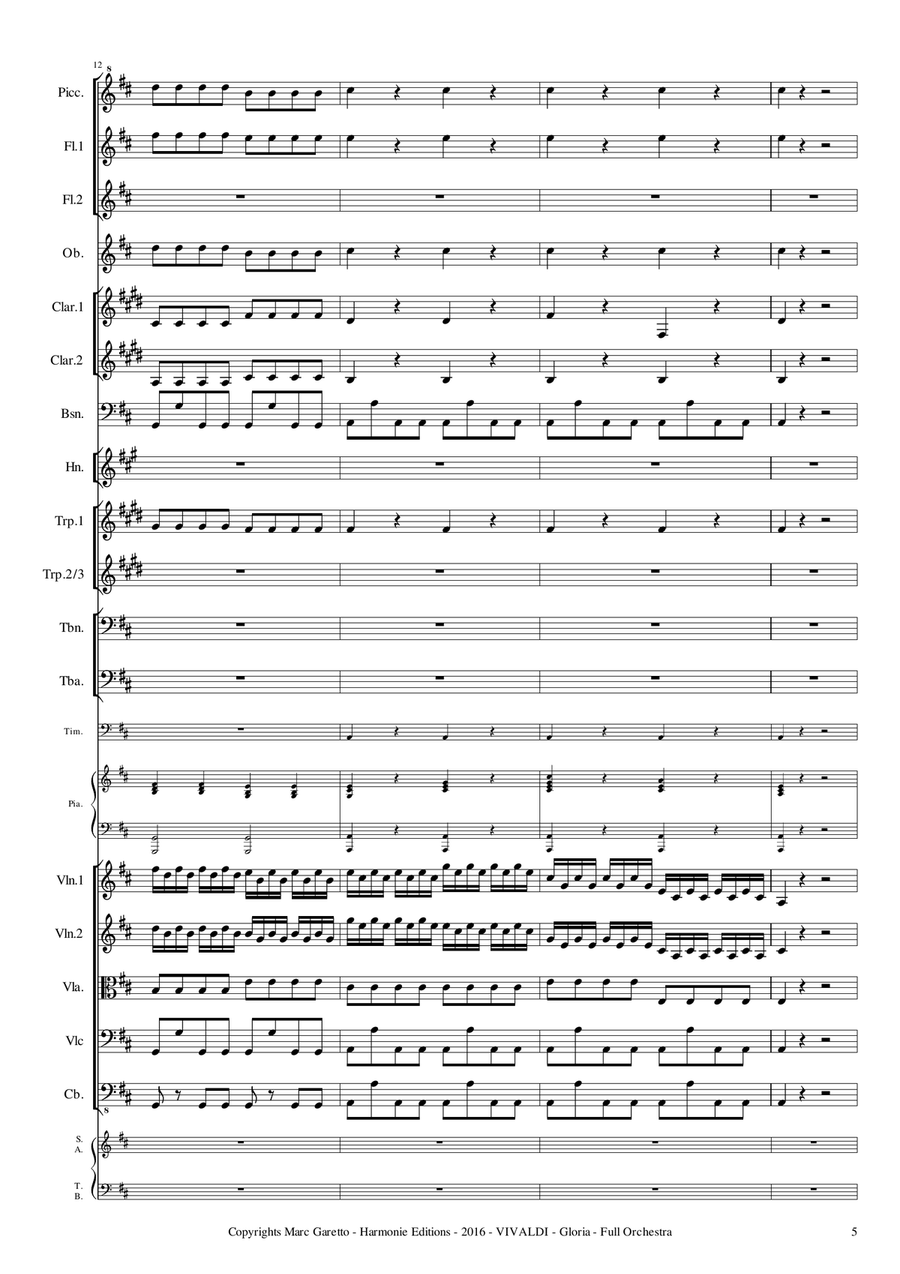 GLORIA RV 589 - Antonio VIVALDI - for Full Orchestra - Arr. Marc Garetto / Optionnal Organ and Choir 4-Part scores gallery preview page 5