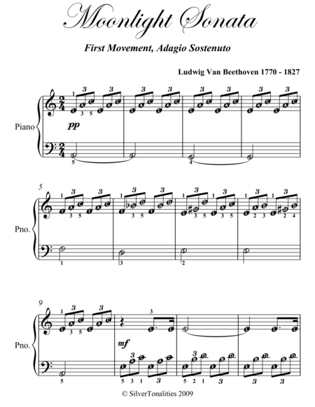 Moonlight Sonata First Movement Easy Piano Sheet Music