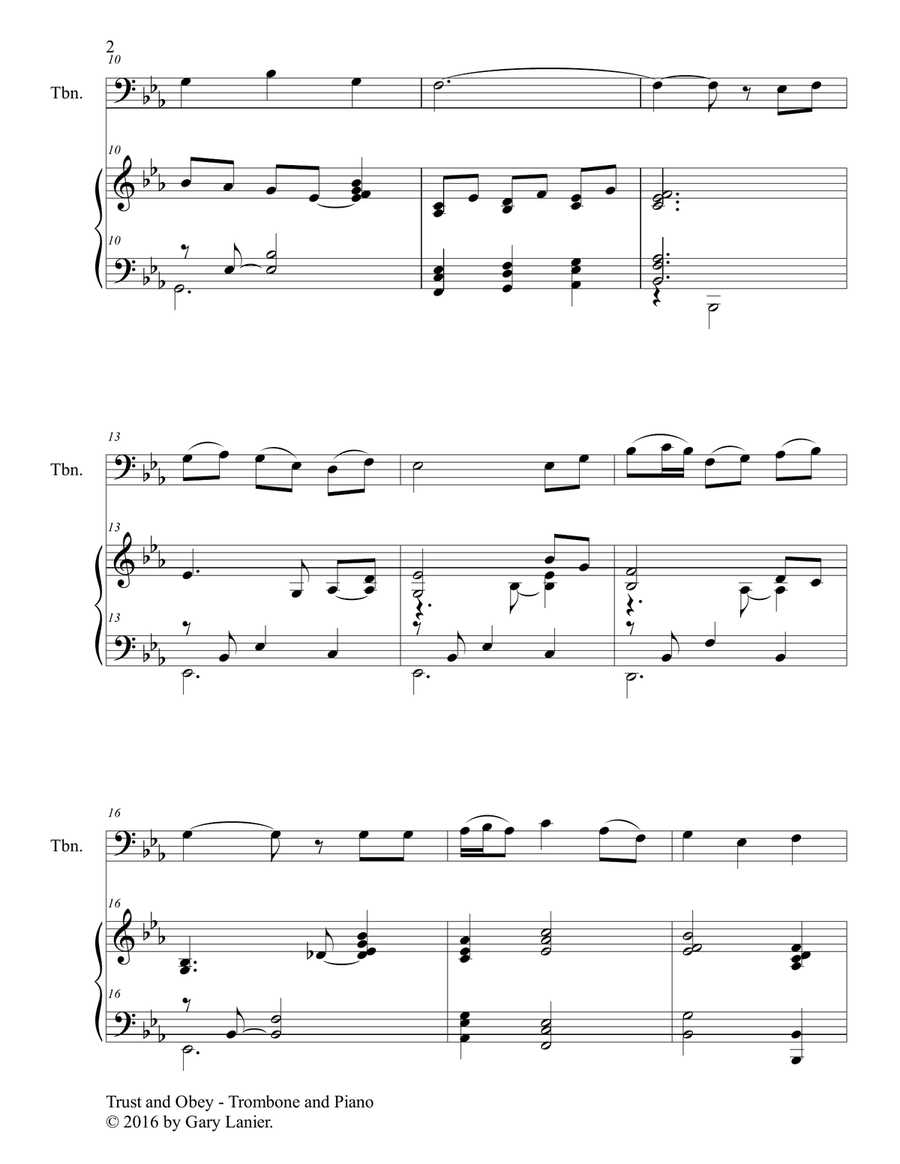 Gary Lanier: TRUST AND OBEY (Duet – Trombone & Piano with Parts) Trombone Duet scores gallery preview page 3