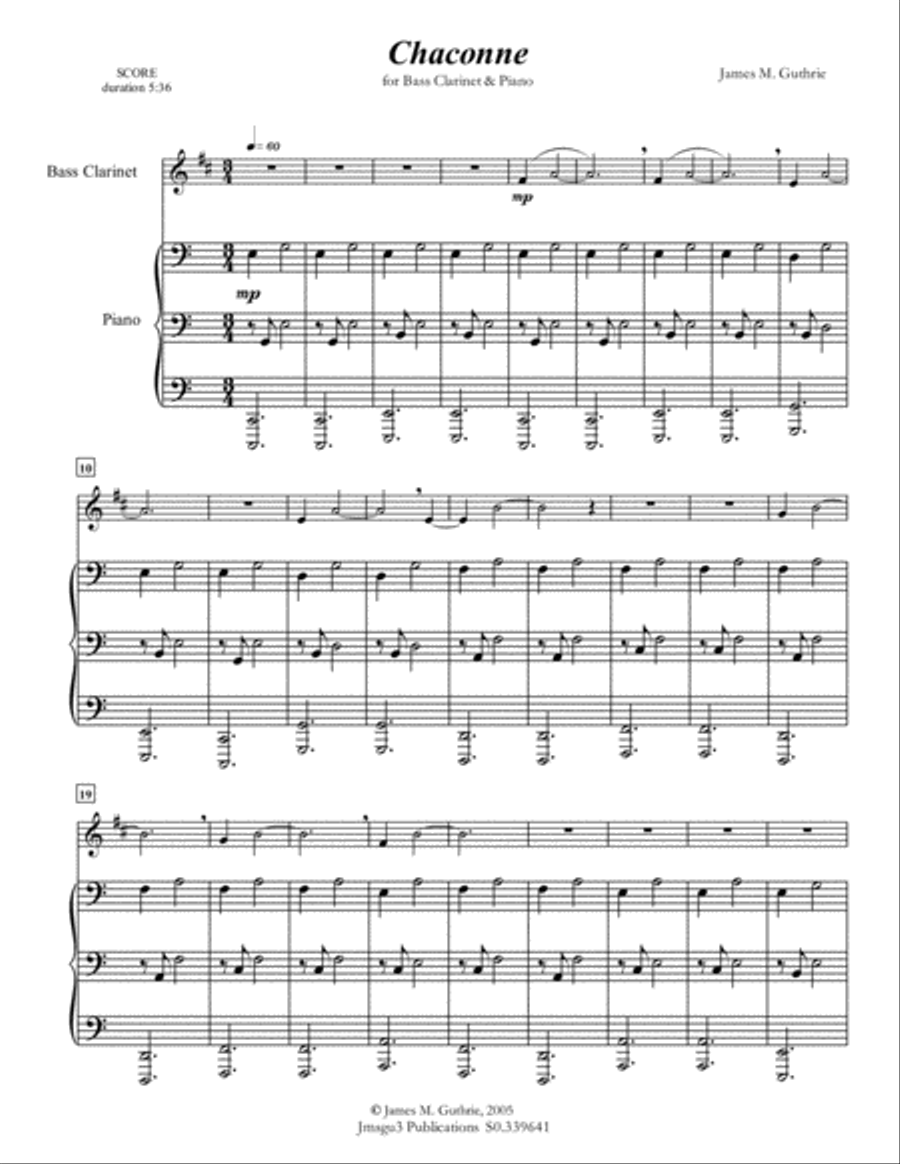 Guthrie: Chaconne for Bass Clarinet & Piano Bass Clarinet scores gallery preview page 1