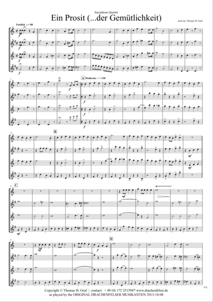 Ein Prosit - German Folk Song - Oktoberfest - Saxophone Quartet Saxophone Quartet scores gallery preview page 1