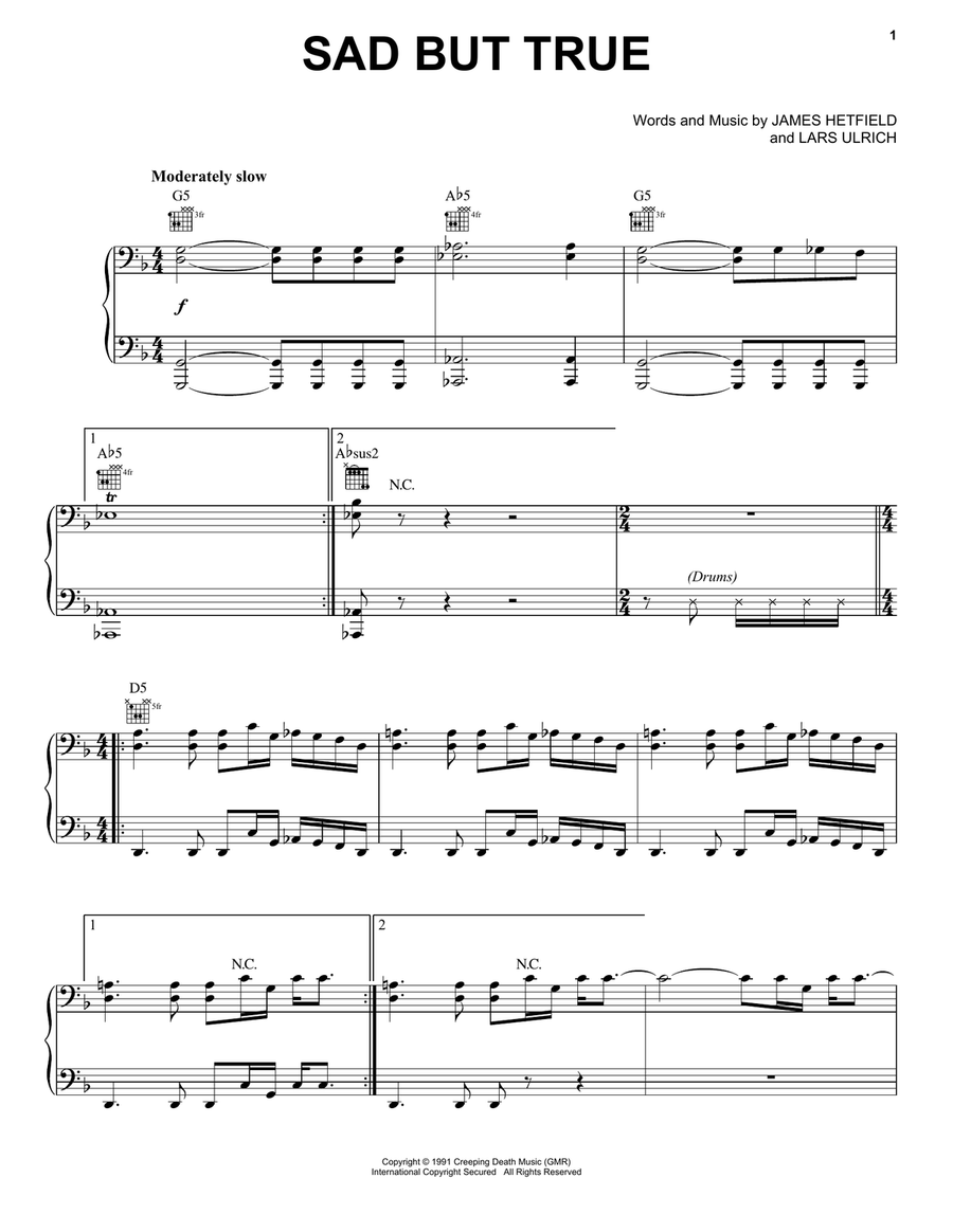 Sad But True Piano, Vocal, Guitar scores gallery preview page 1