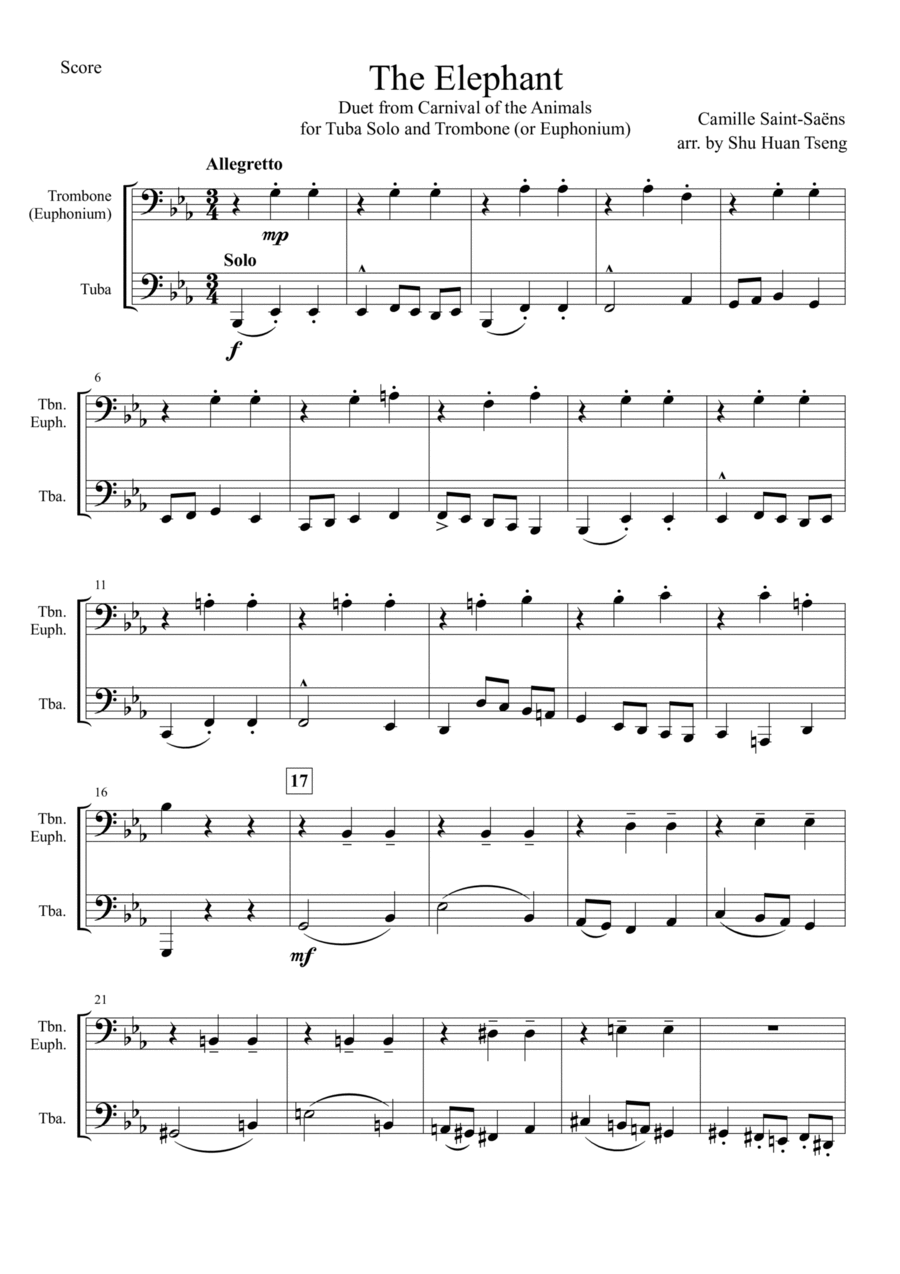 The Elephant Duet from Carnival of the Animals for Tuba Solo and Trombone (or Euphonium) Brass Duet scores gallery preview page 1