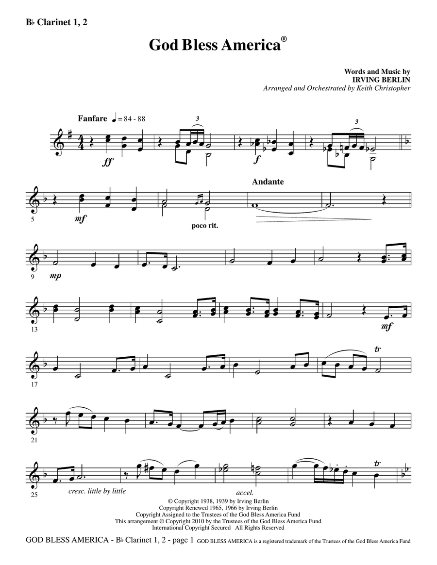 God Bless America - Clarinet 1 & 2