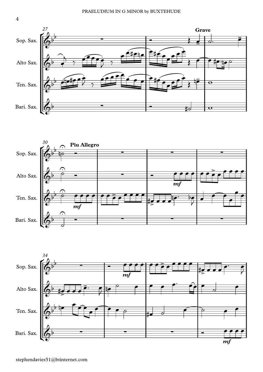 Praeludium & Fugue in G Minor by Dietrich Buxtehude (Buxwv148) for Saxophone Quartet. Saxophone Quartet scores gallery preview page 4