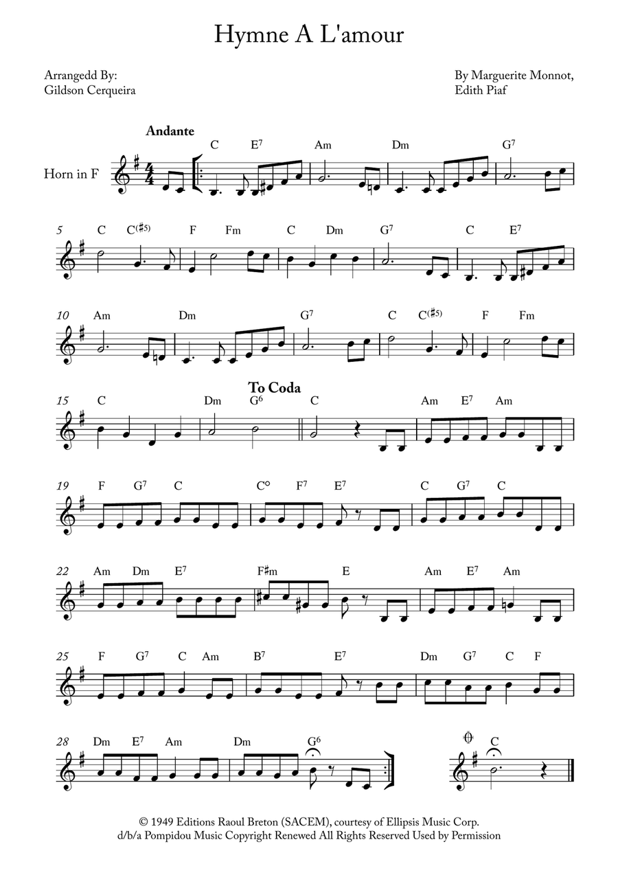 Hymne A L'amour Horn Solo scores gallery preview page 1