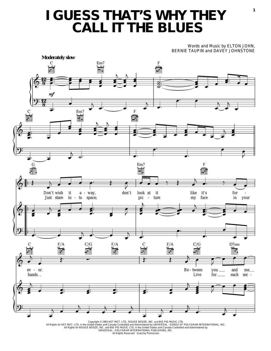 I Guess That's Why They Call It The Blues Piano, Vocal, Guitar scores gallery preview page 1