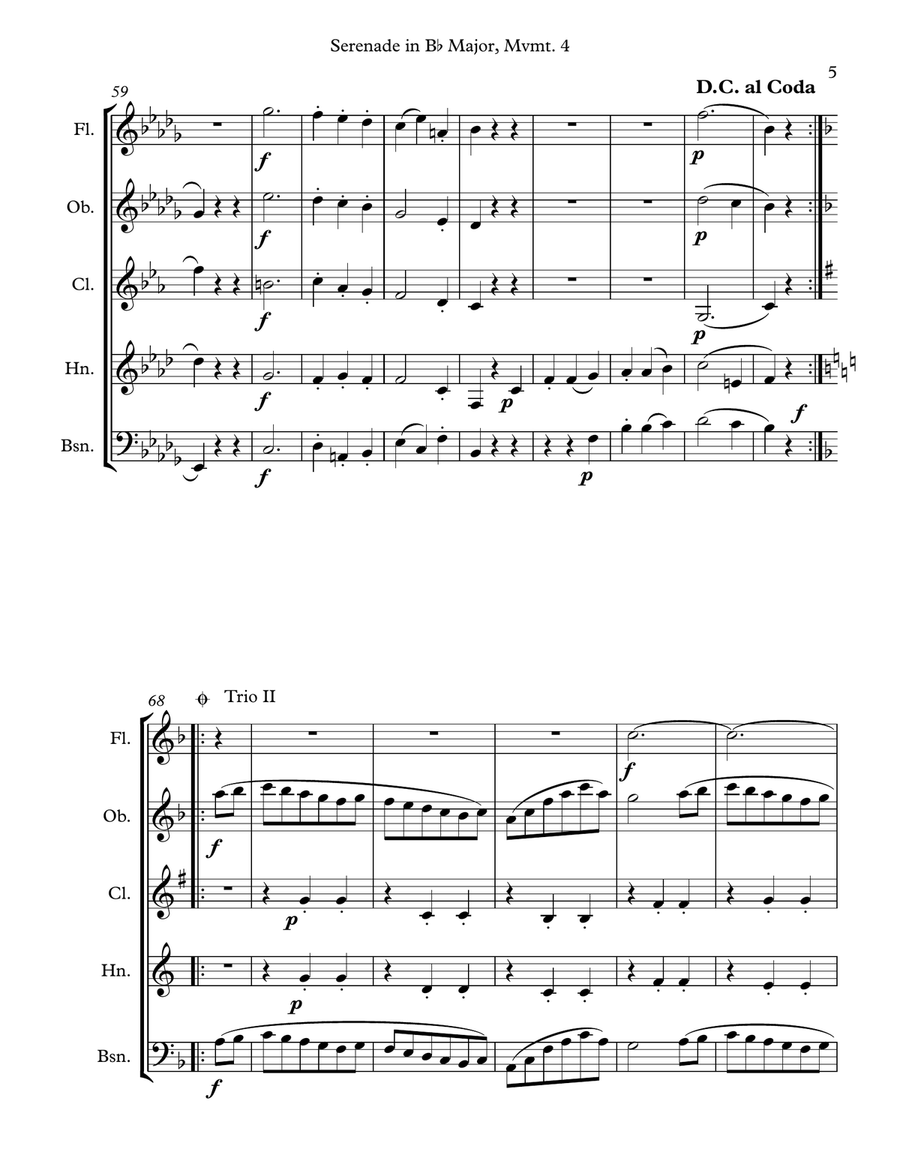 Mozart: Serenade in Bb Major, K. 361 (Gran Partita) for Wind Quintet Mvmt. 4 (Menuetto II) Woodwind Quintet scores gallery preview page 5