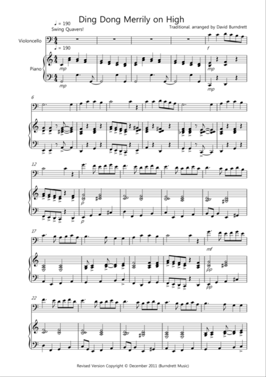 Ding Dong Merrilly on High (Jazzy Style!) for Cello and Piano Piano scores gallery preview page 1