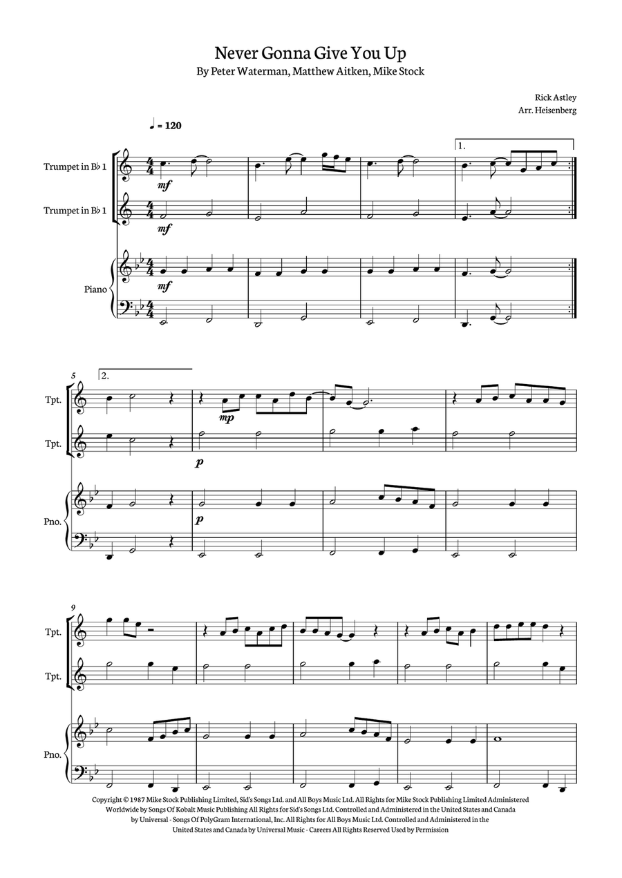 Never Gonna Give You Up Trumpet Duet scores gallery preview page 1