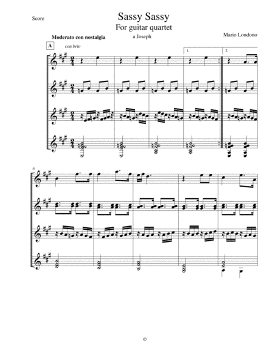 Sassy Sassy for guitar quartet/ Sassy Sassy para cuarteto de guitarras/ Mario Londono Guitar Ensemble scores gallery preview page 1