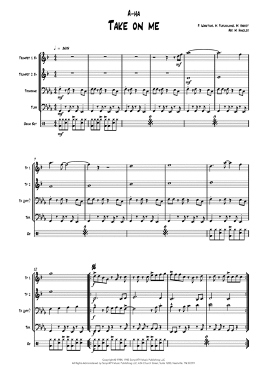Take On Me Brass Quartet scores gallery preview page 2