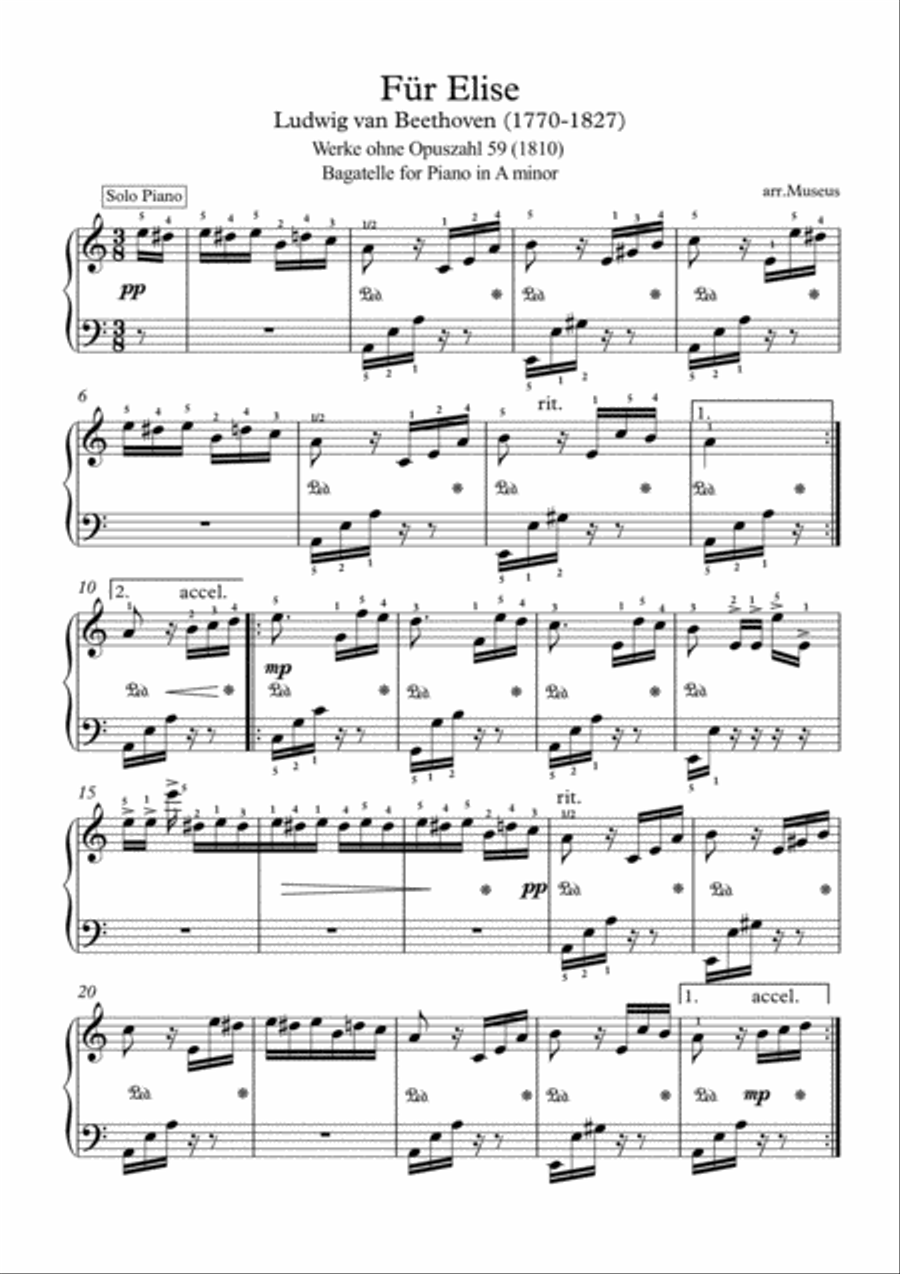 For Elise piano solo Piano Solo scores gallery preview page 1