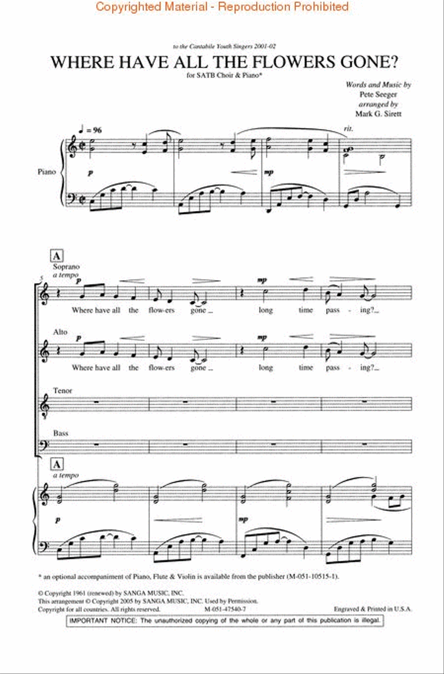 Where Have All the Flowers Gone 4-Part scores gallery preview page 2