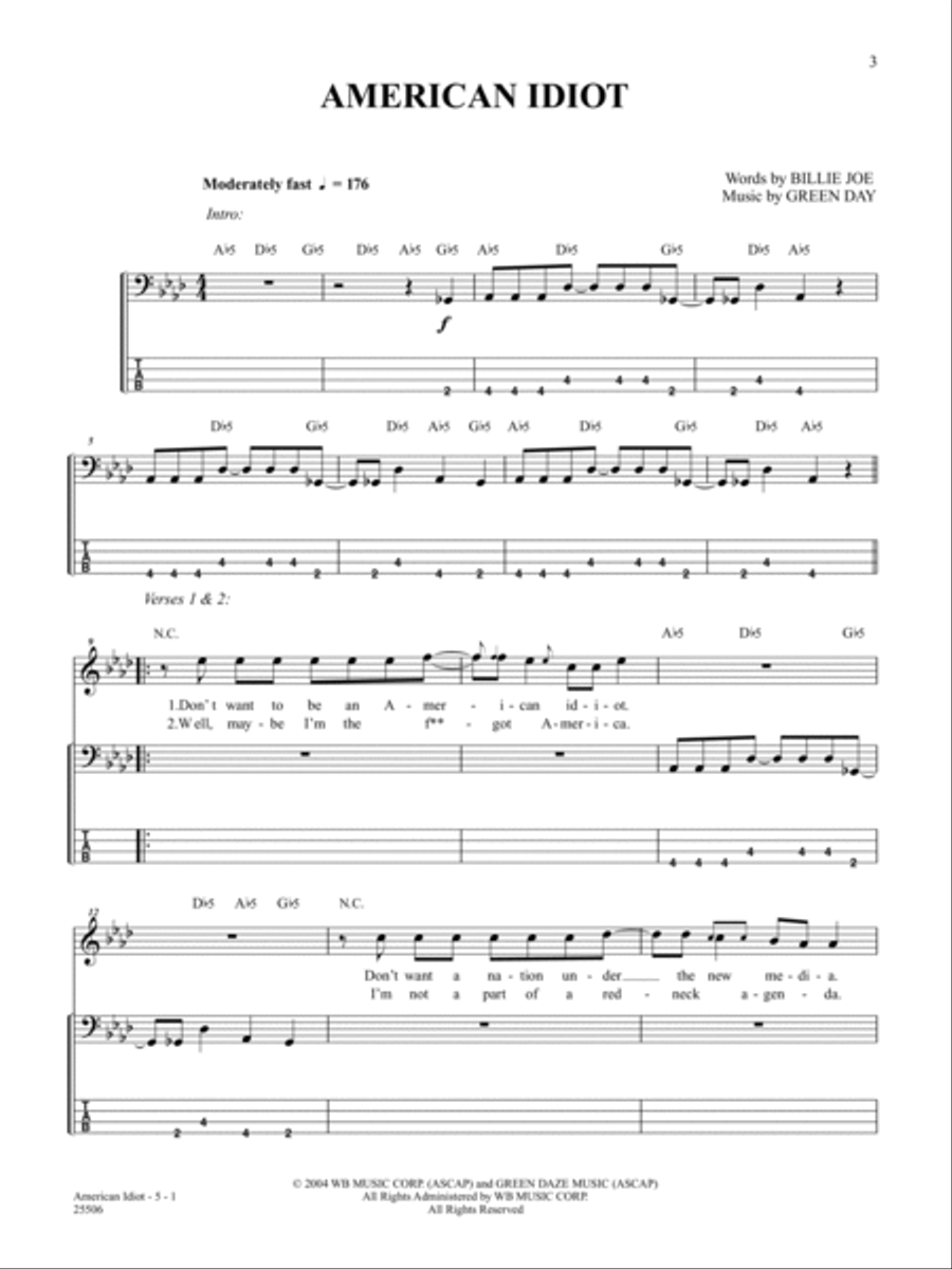 American Idiot Bass Guitar Tablature scores gallery preview page 1