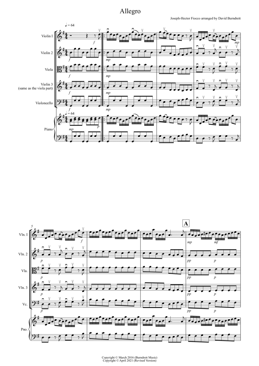 Allegro by Fiocco for String Quartet image number null