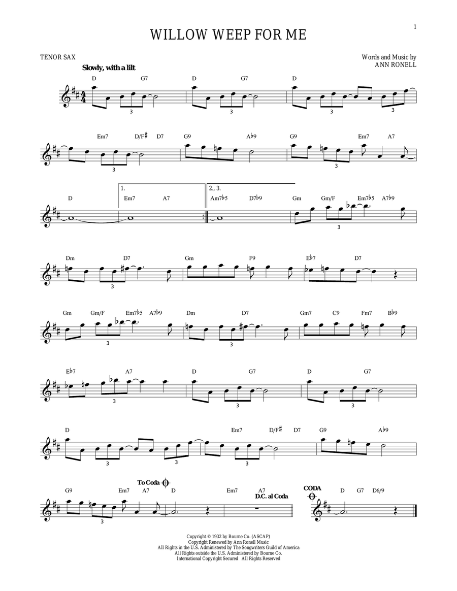 Willow Weep For Me Willow Weep For Me Tenor Saxophone scores gallery preview page 1