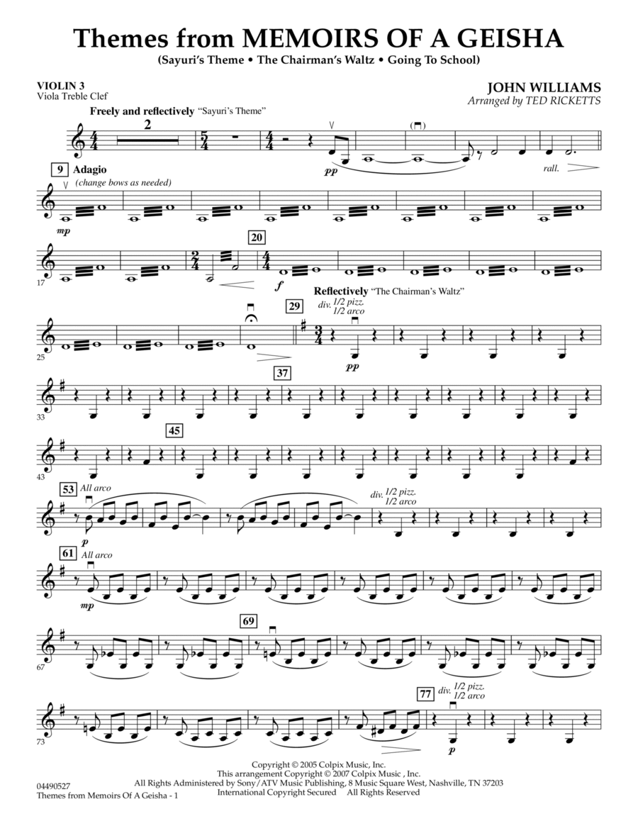 Themes from Memoirs of a Geisha - Violin 3 (Viola Treble Clef)