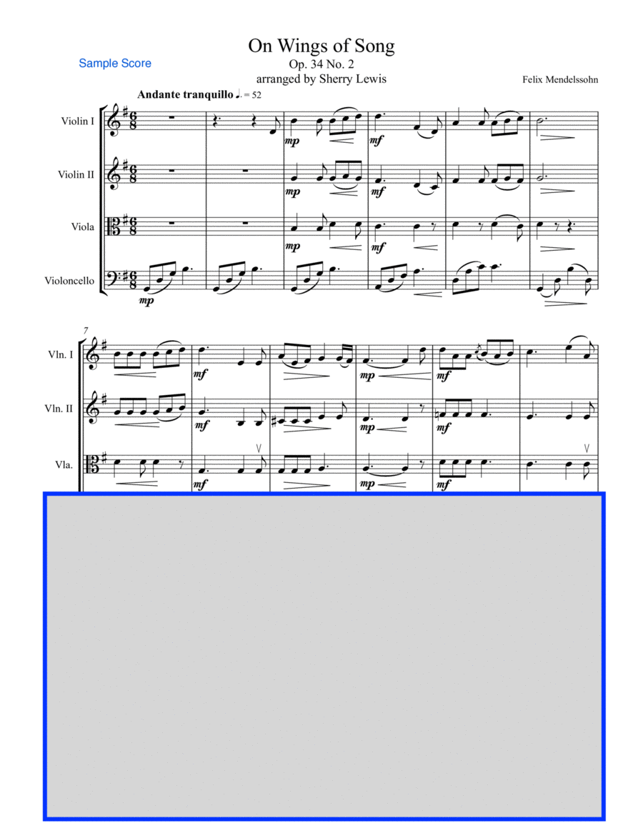 ON WINGS OF SONG, String Quartet, Intermediate Level for 2 violins, viola and cello