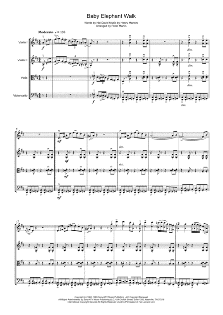 Baby Elephant Walk from the Paramount Picture HATARI! String Quartet scores gallery preview page 5