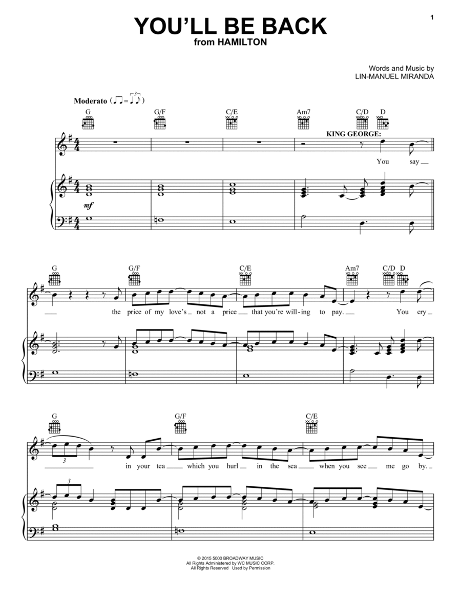 You'll Be Back (from Hamilton) Piano, Vocal, Guitar scores gallery preview page 1