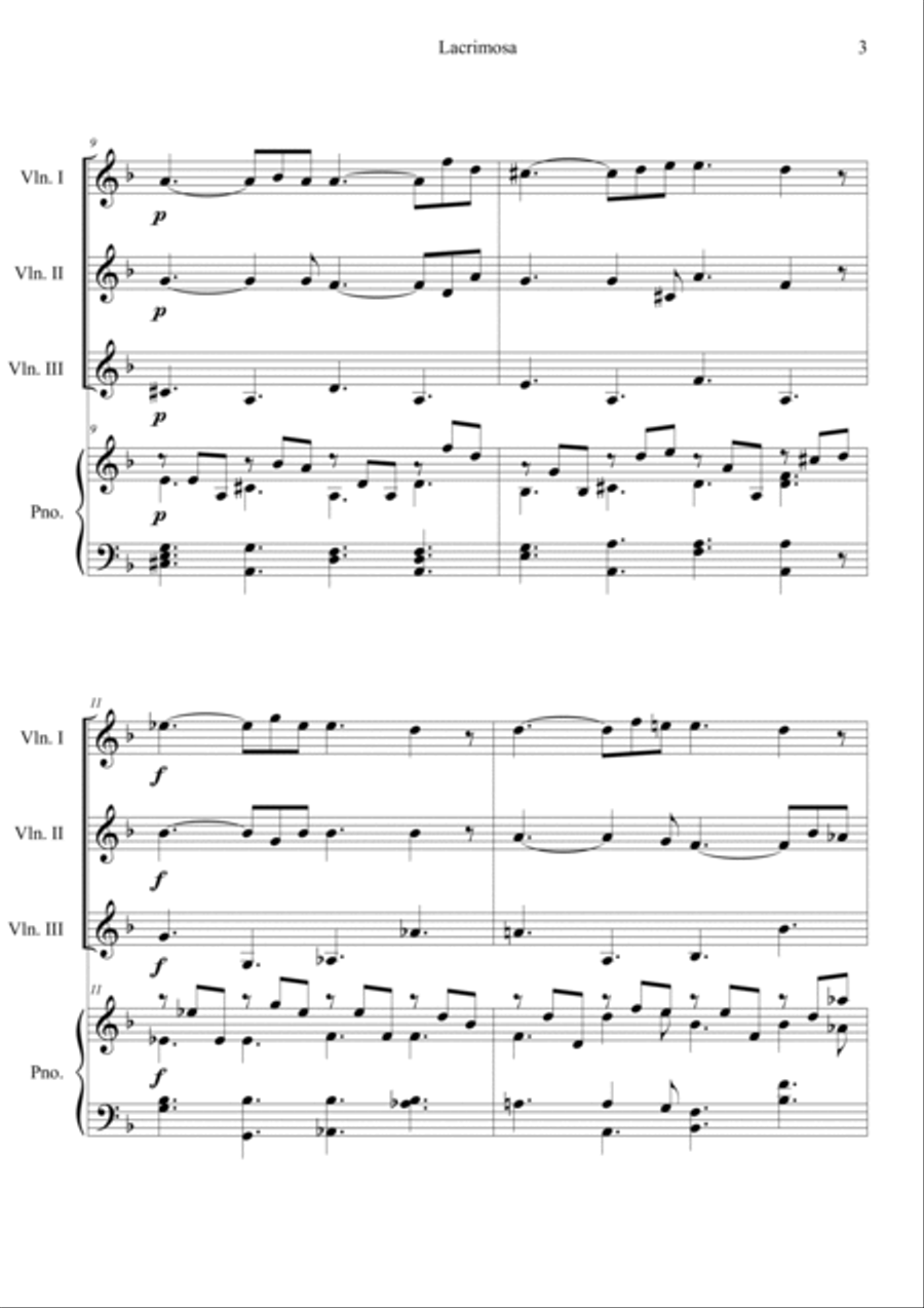 Mozart: Requiem K.626 6.Lacrimosa Piano Quartet scores gallery preview page 3