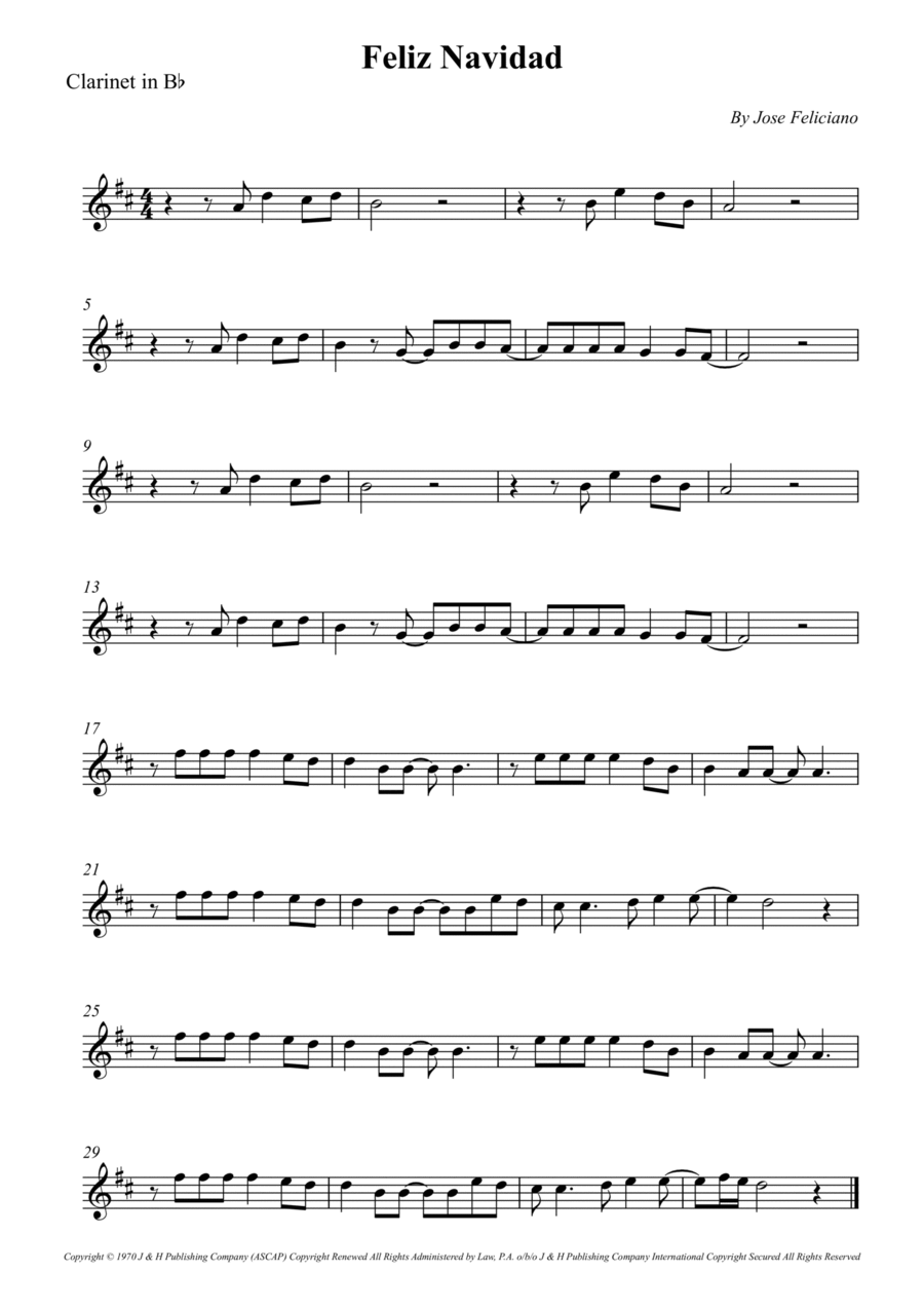 Feliz Navidad B-Flat Clarinet scores gallery preview page 1