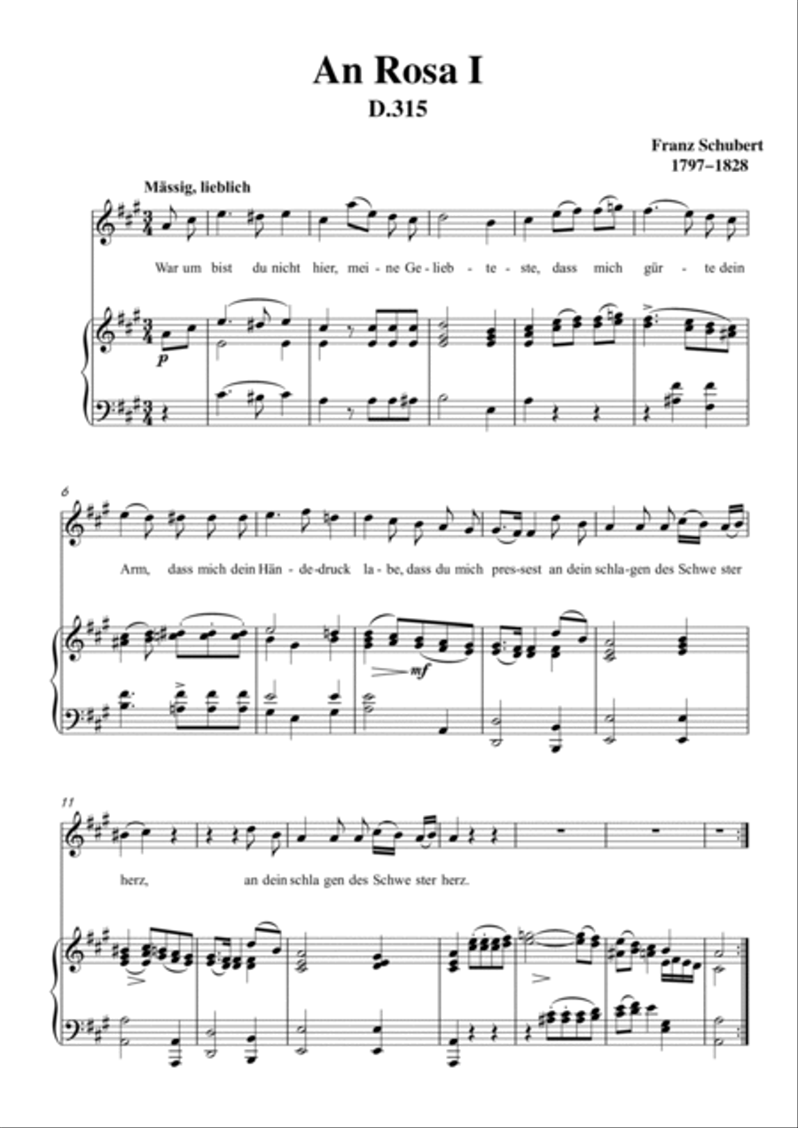 Schubert-An Rosa I(To Rosa),D.315 in A for Vocal and Piano Voice scores gallery preview page 2