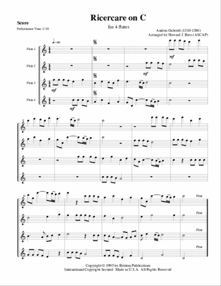 Ricercare on C Flute Quartet scores gallery preview page 2