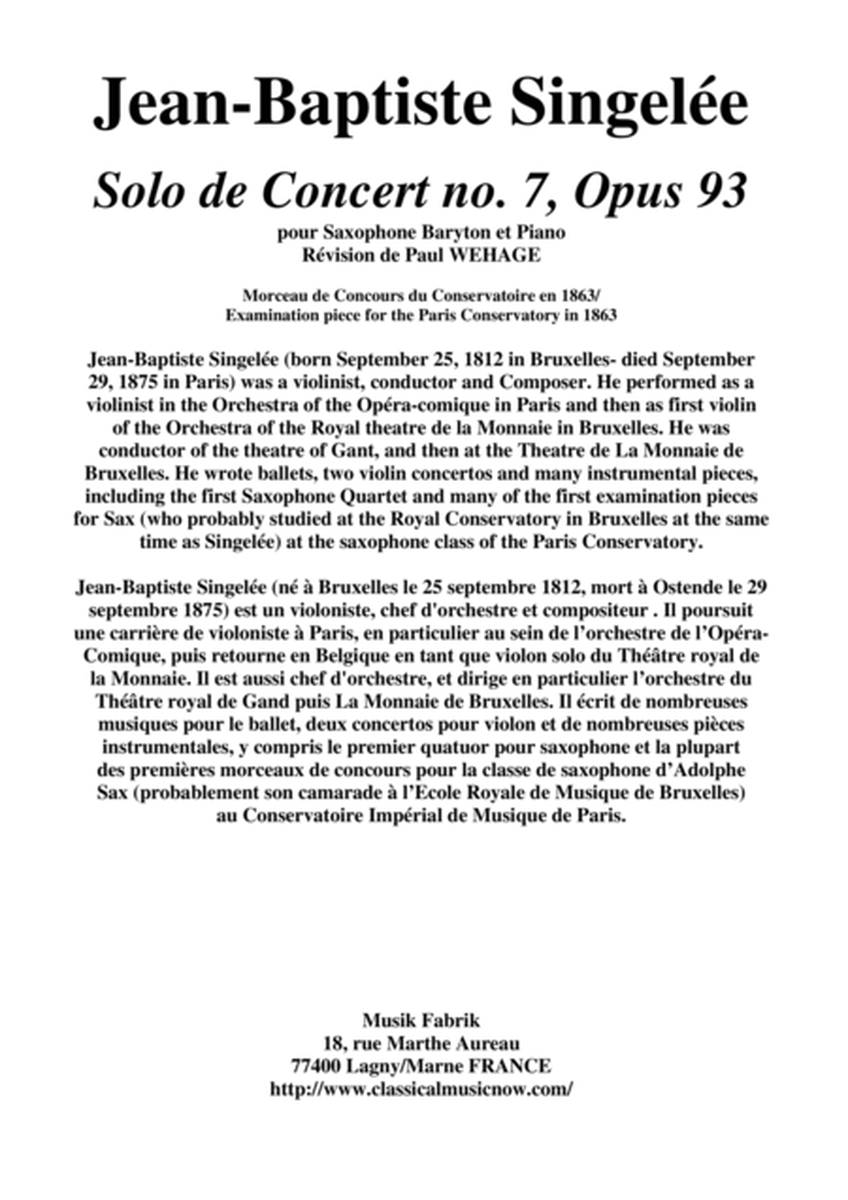 Jean-Baptiste Singelée Solo de Concert no. 7, Opus 93 pour Saxophone Baryton et Piano