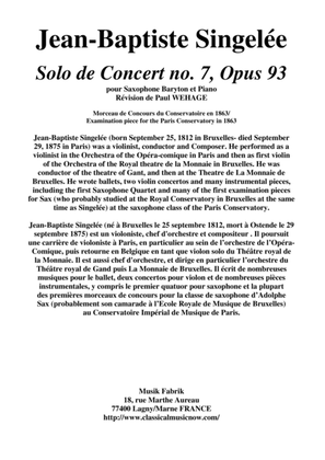 Book cover for Jean-Baptiste Singelée Solo de Concert no. 7, Opus 93 pour Saxophone Baryton et Piano