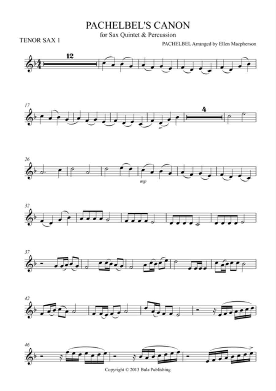 Pachelbel's Cannon - for Sax Quintet & Percussion - TENOR SAX 1 Saxophone Quintet scores gallery preview page 1