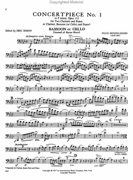 Concert Piece No. 1 in F minor, Op. 113 for Clarinet, Bassoon & Piano or 2 Clarinets & Piano