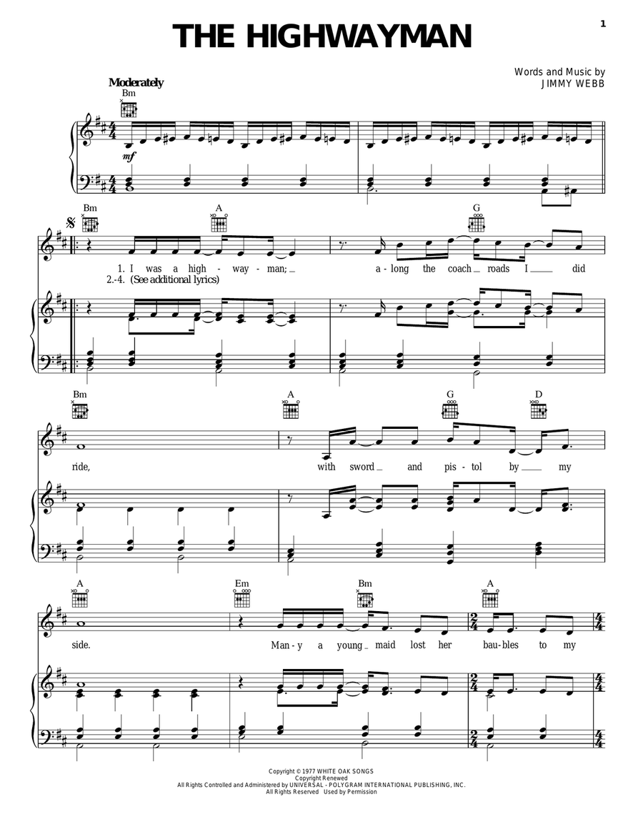 The Highwayman The Highwayman Piano, Vocal, Guitar scores gallery preview page 1