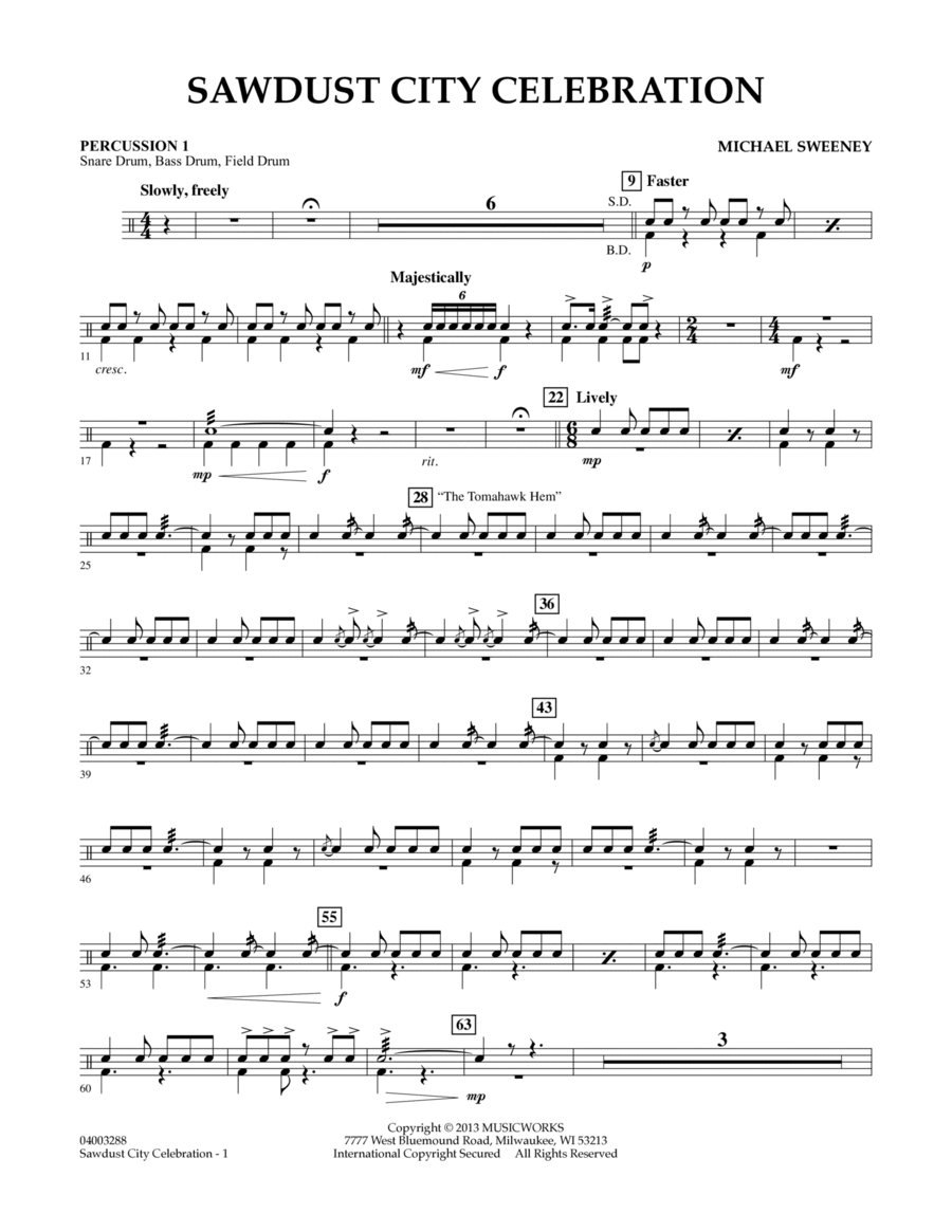Sawdust City Celebration - Percussion 1 Concert Band scores gallery preview page 1