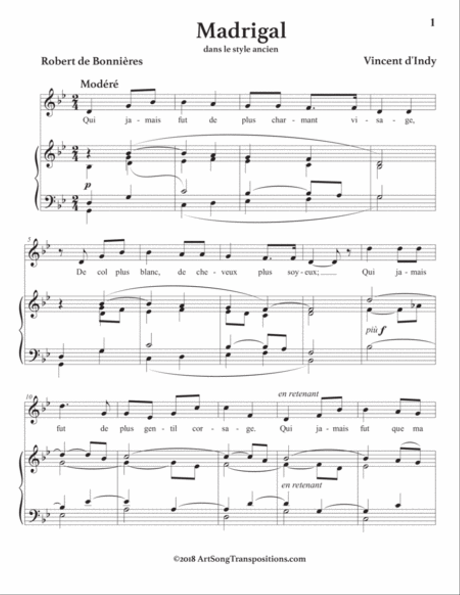 D'INDY: Madrigal (transposed to G minor) Choir scores gallery preview page 2
