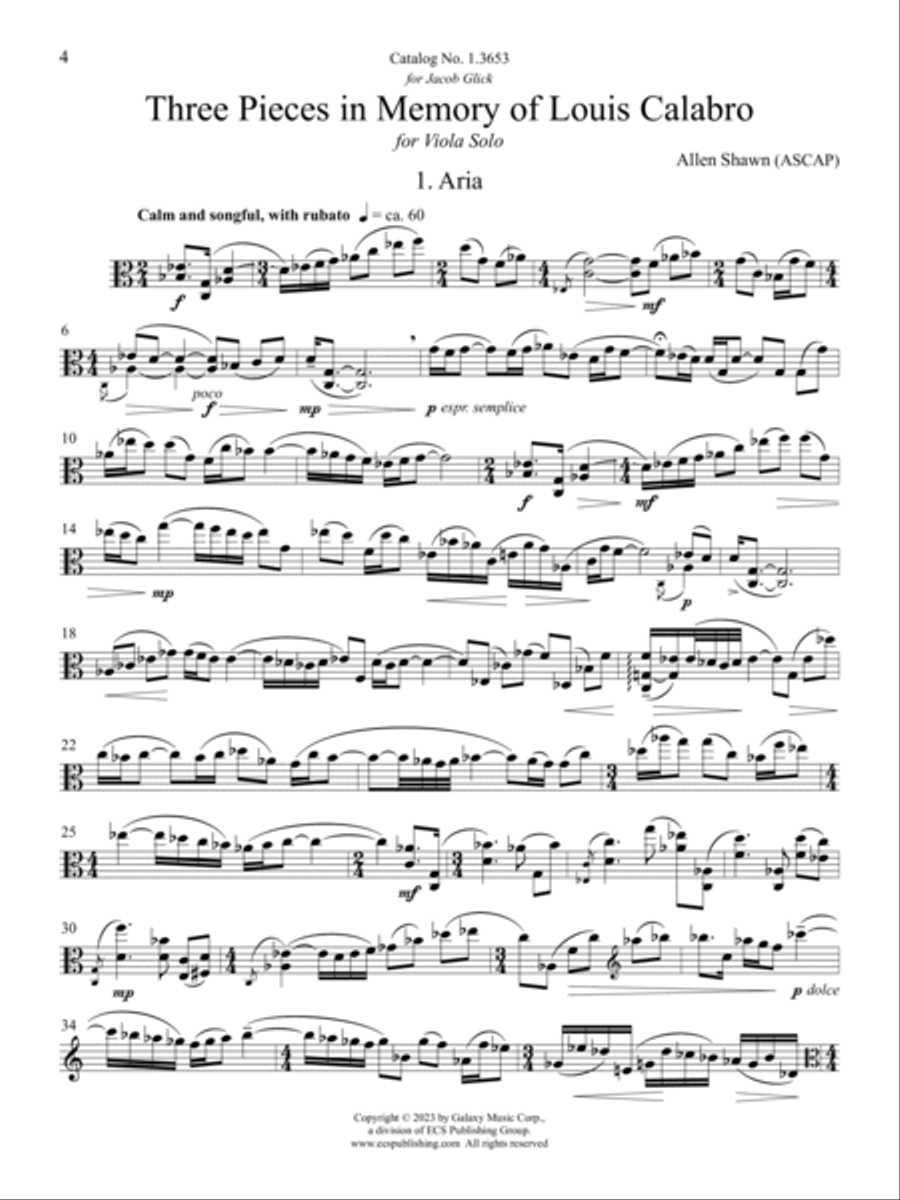 Three Pieces in Memory of Louis Calabro Viola Solo scores gallery preview page 4