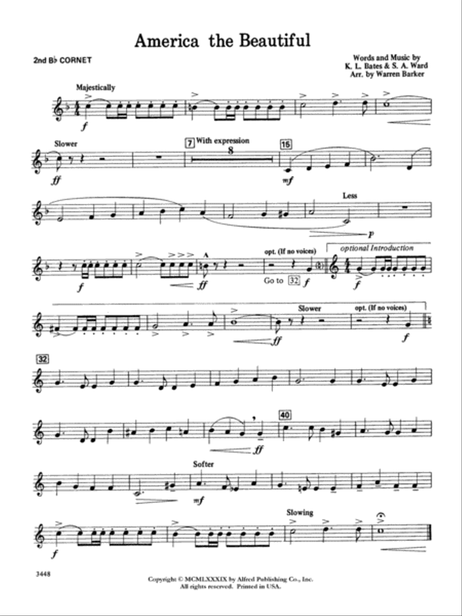 America, the Beautiful: 2nd B-flat Cornet Concert Band scores gallery preview page 1