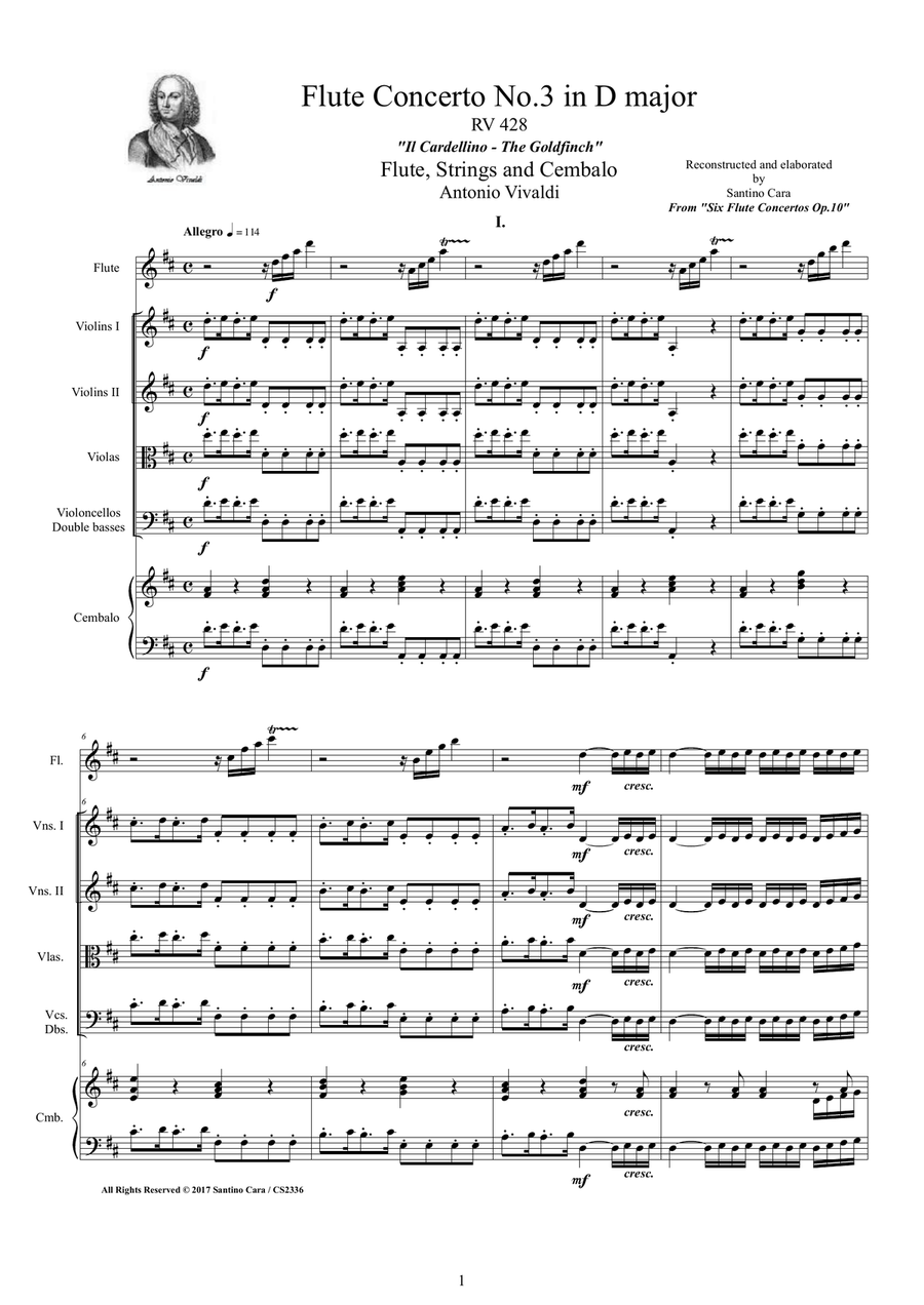 Vivaldi - Flute Concerto No.3 in D major Op.10 'Il Cardellino' RV 428 for Flute, Strings and Cembalo Chamber Orchestra scores gallery preview page 1