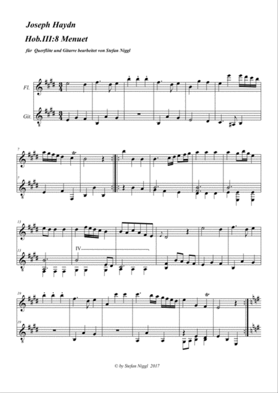 Menuet from String Quartet Hob.III:8 for Flute and Guitar Flute scores gallery preview page 1