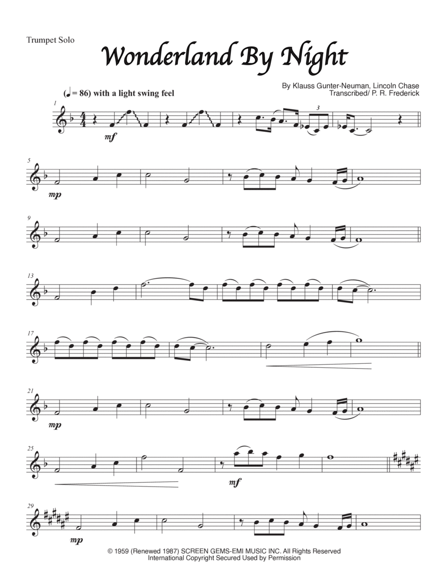 Wonderland By Night B-Flat Trumpet scores gallery preview page 1