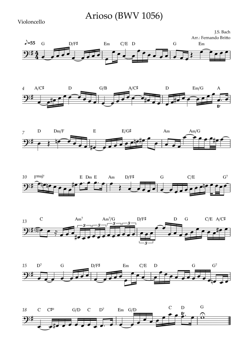 Arioso (J.S. Bach - BWV 1056) for Cello Solo with Chords