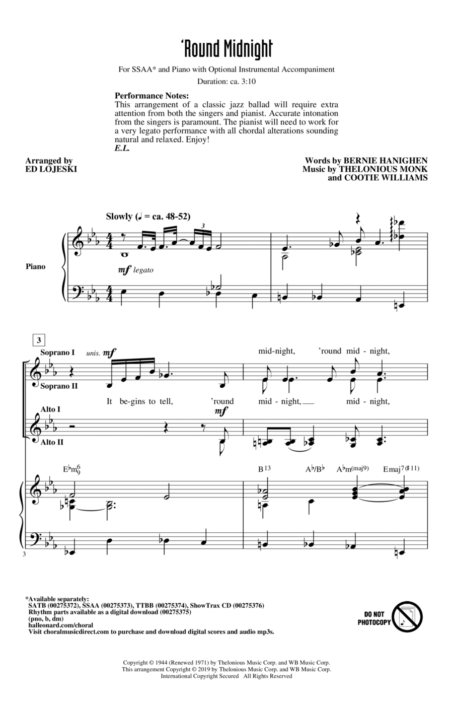 'Round Midnight (arr. Ed Lojeski) SSA scores gallery preview page 1