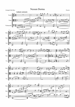 Nessun Dorma by Puccini, arranged for String Trio (Violin, Viola and 'Cello)