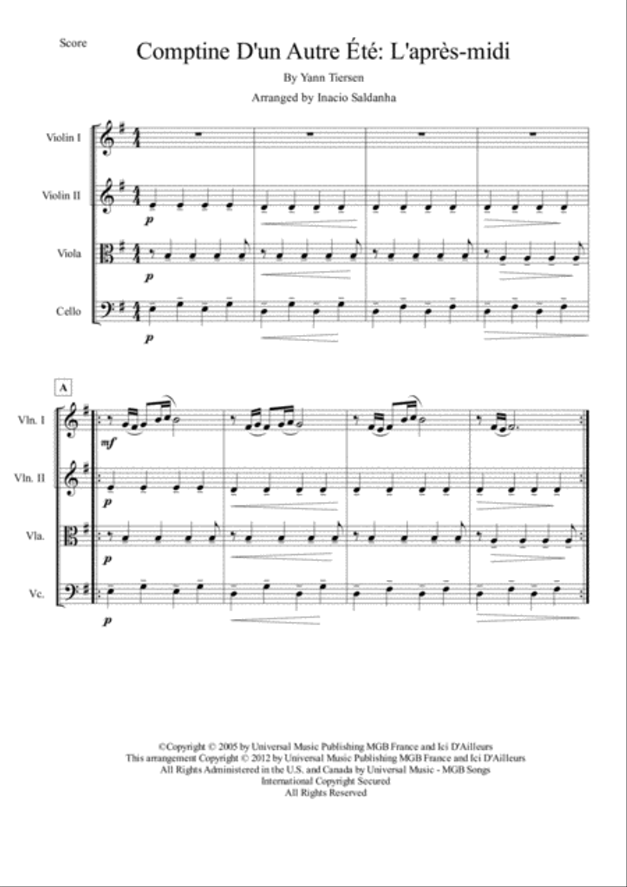 Comptine D'un Autre Été: L'après-midi String Quartet scores gallery preview page 1