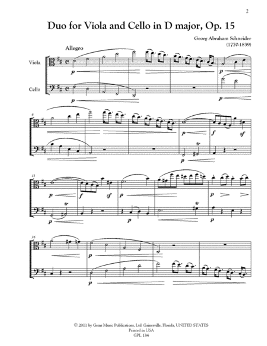 Duo in D major, Op. 15 for Viola and Cello String Duet scores gallery preview page 2