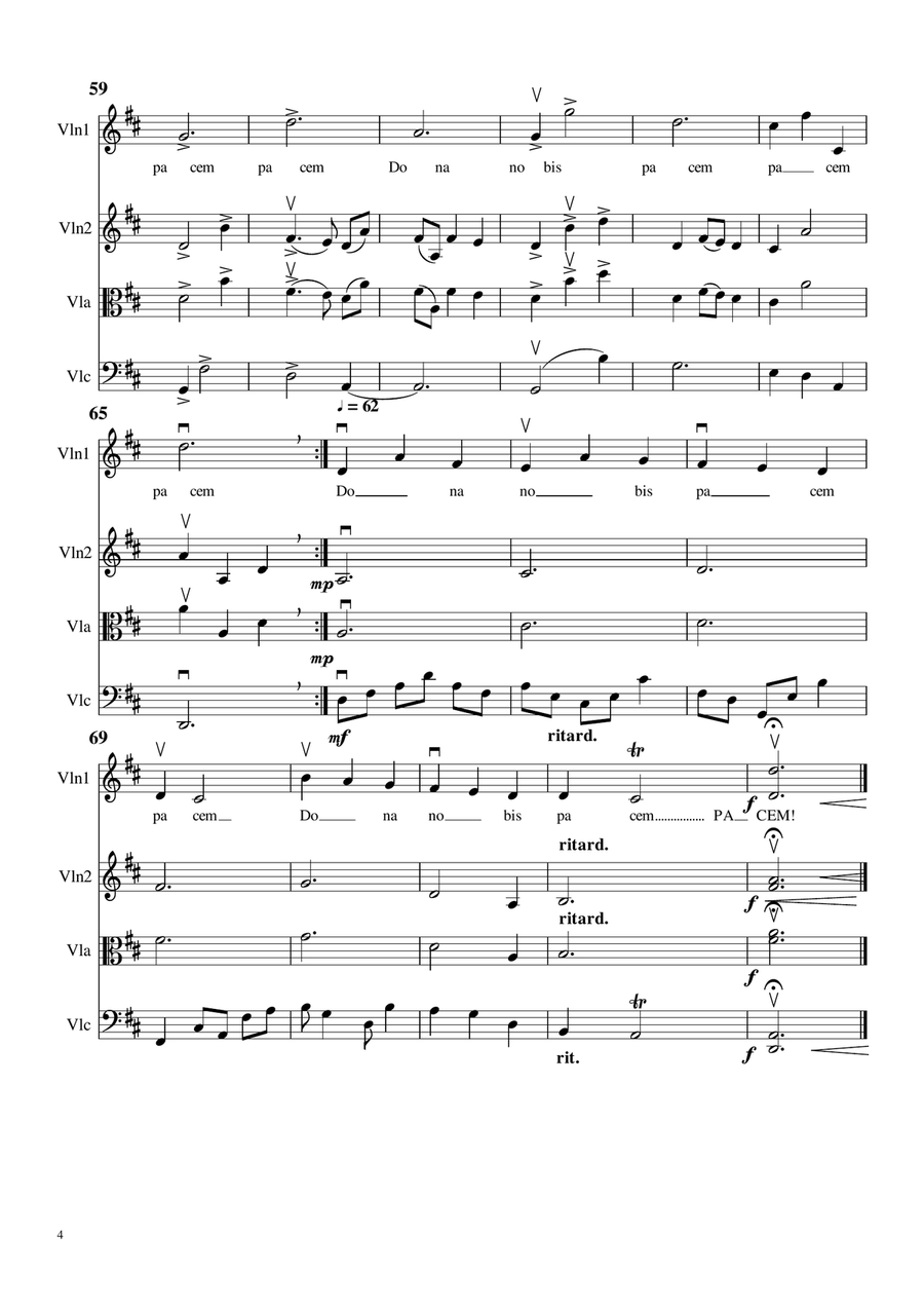Dona Nobis Pachem, for 2 Violins (or Violin, Viola), and Cello, with Lyrics String Trio scores gallery preview page 4