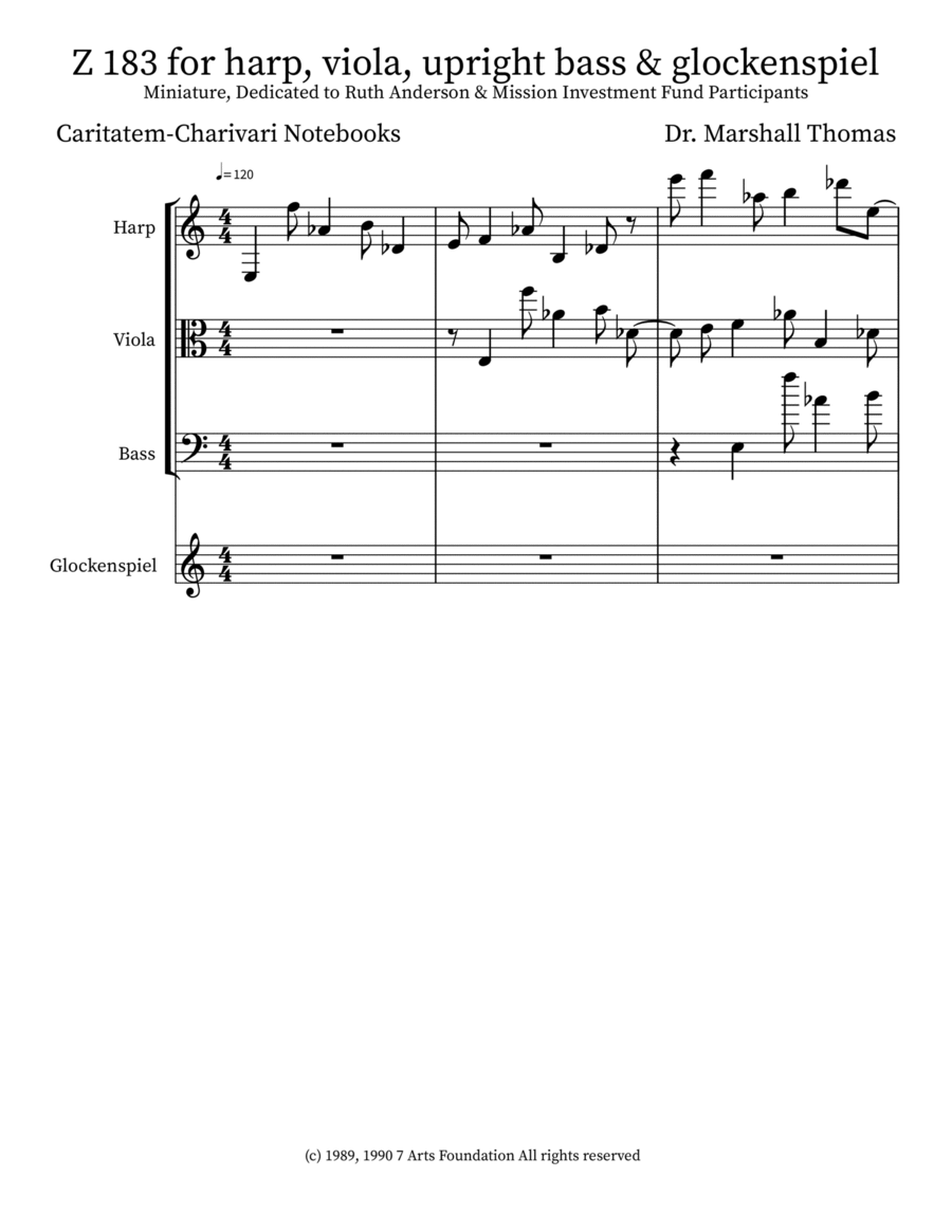 Z 183 for harp, viola, upright bass & glockenspiel Double Bass scores gallery preview page 1
